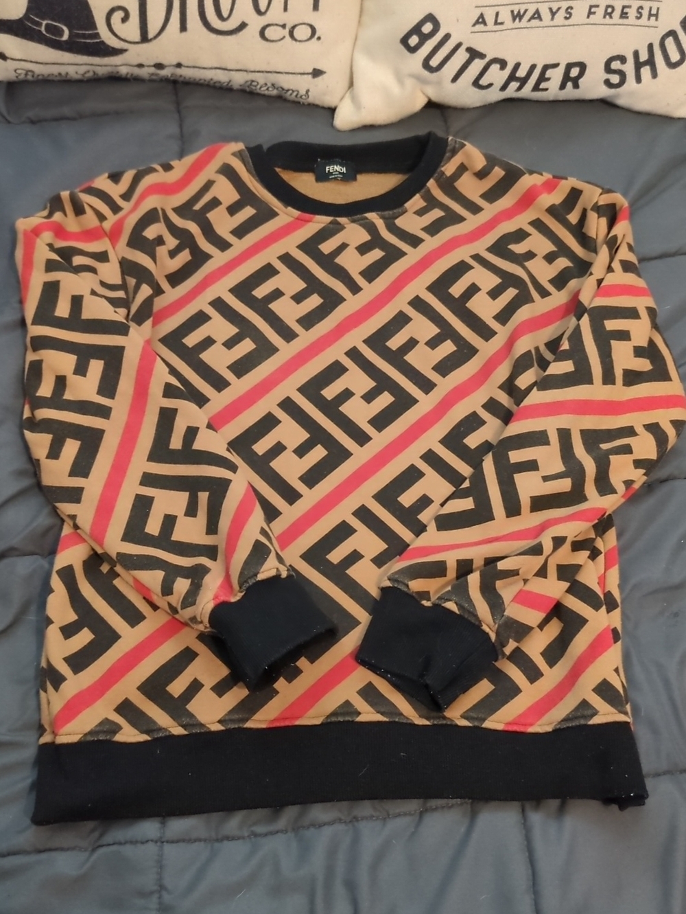 Fendi Crewneck Sweater with Tan, Black and Red Stripe FF Motif